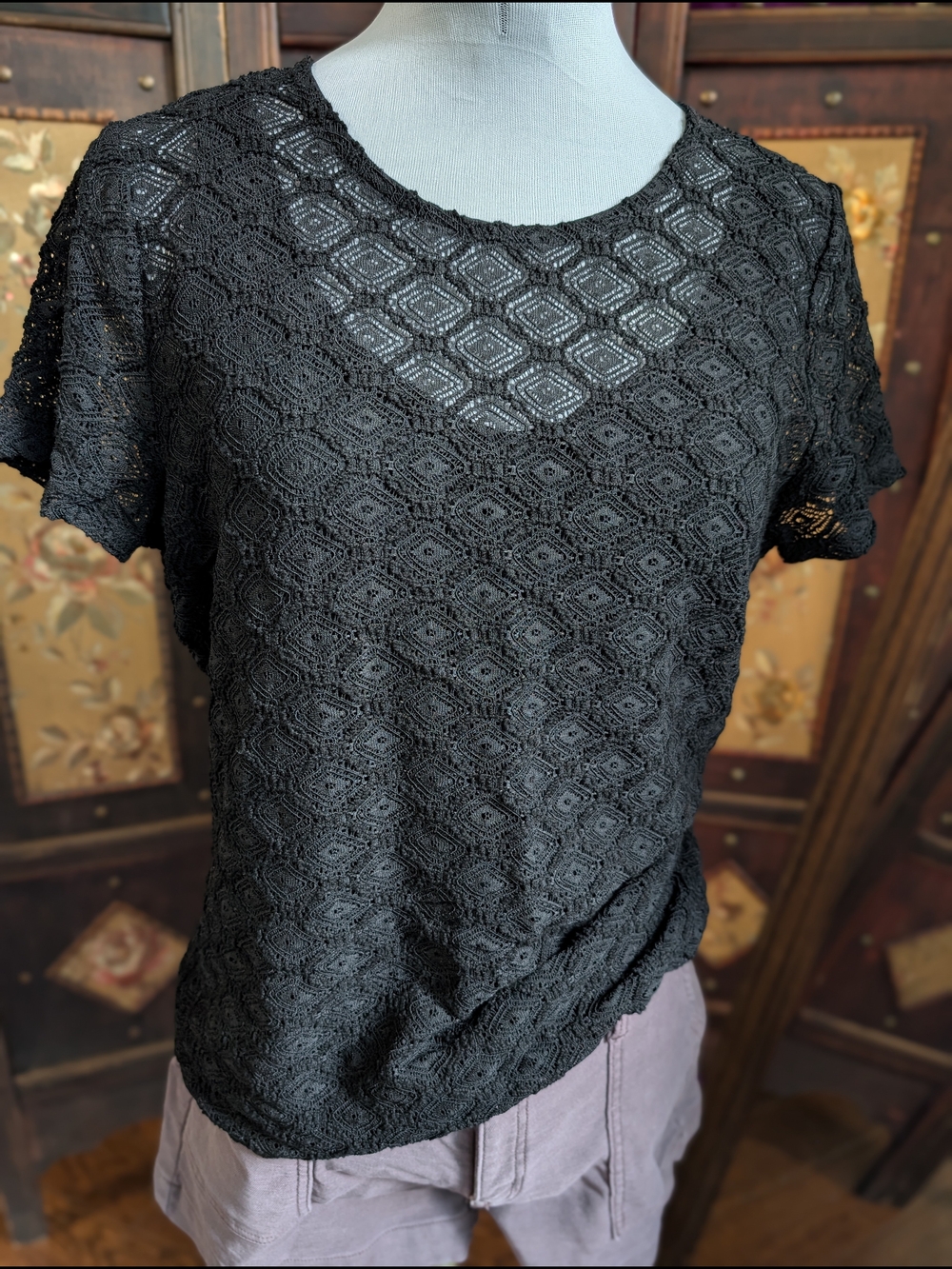 Ralph Lauren Black Lace Short-Sleeve Knit Tee